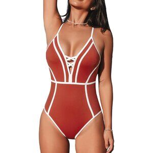 ✨ Women's Red One Piece Swimsuit Plunging V Neck Crisscross Tie Bathing Suits